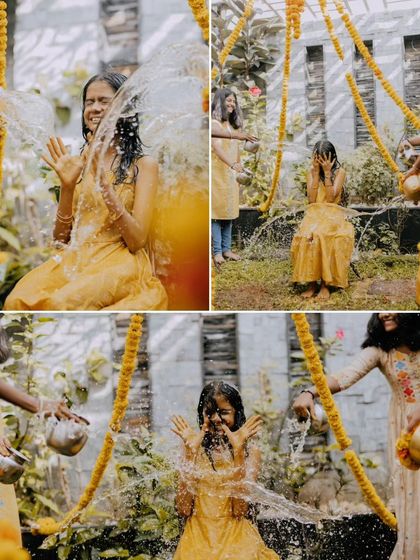 A collage of a young woman's Mangala Snaanam, capturing her joyful reactions as water is poured over her.