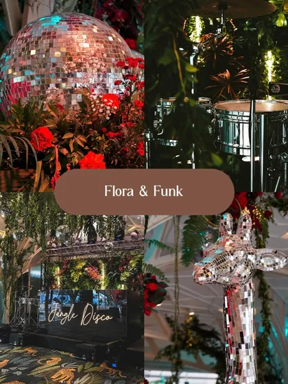 A collage showcasing our "Flora & Funk" design concept, where we merge lush botanicals with unexpected elements like disco balls and modern textures to create a dynamic and visually exciting atmosphere.