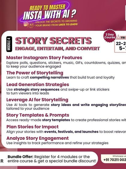 My 'Story Secrets' workshop teaches you how to use Instagram Stories to engage, entertain, and convert your audience. You will learn to use interactive features like polls and quizzes, leverage AI for story ideas, and analyze engagement to refine your strategy.