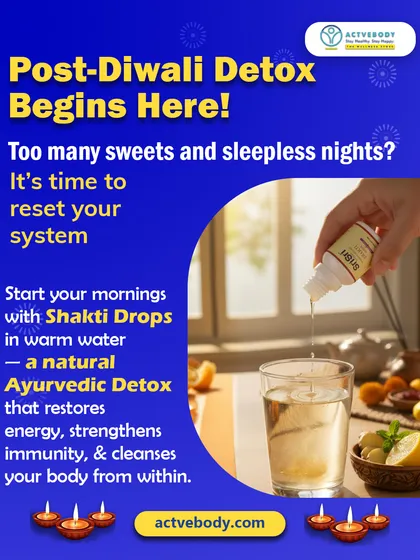 Your post-Diwali detox starts here. This image of Shakti Drops being added to a glass of water is a reminder that resetting your system after too many sweets and sleepless nights can be as simple as this natural Ayurvedic ritual.