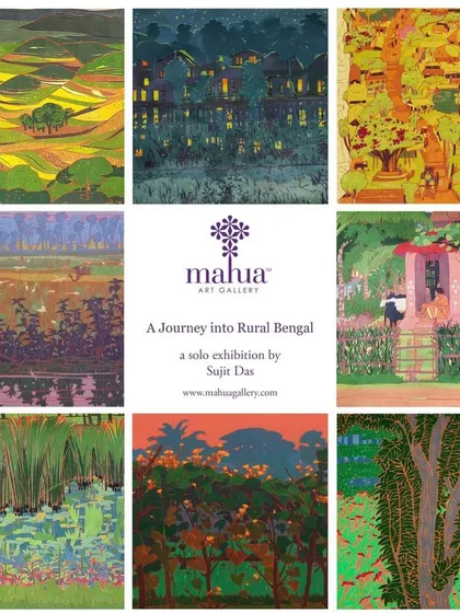 This collection of works by Sujit Das from his solo show, ‘A Journey into Rural Bengal,’ illustrates how we dedicate exhibitions to explore a single artist's perspective. His pieces capture the serene beauty of village life through vibrant color and rich texture.
