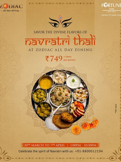 During Navratri, we offer a special Navratri Thali at Zodiac, featuring a curated selection of traditional and divine fasting dishes.