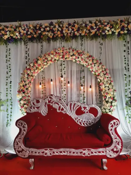 A straight-on shot of the beautiful engagement stage, ready for the happy couple.