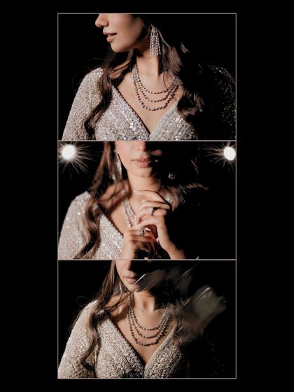 A creative collage focusing on the bride's details. These shots highlight the exquisite jewelry and the play of light and shadow, creating an artistic and glamorous tribute to the bridal look.
