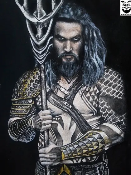 Aquaman, painted with acrylics on a black canvas. The dark background makes the metallic armor and intense gaze of the character stand out, creating a powerful and dramatic portrait.
