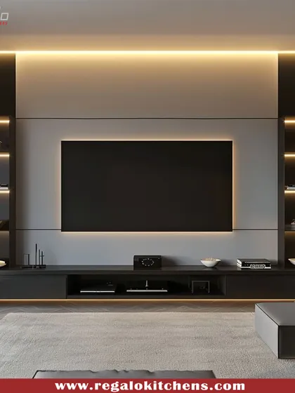 We design living room cabinetry that becomes the focal point of the space. This modern TV unit features a minimalist black finish, integrated ambient backlighting, and open shelving for a clean, sophisticated entertainment hub.