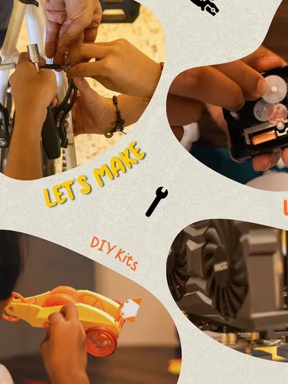 A collage showcasing the different ways we encourage kids to make and create, from fixing bikes to building with our DIY kits.