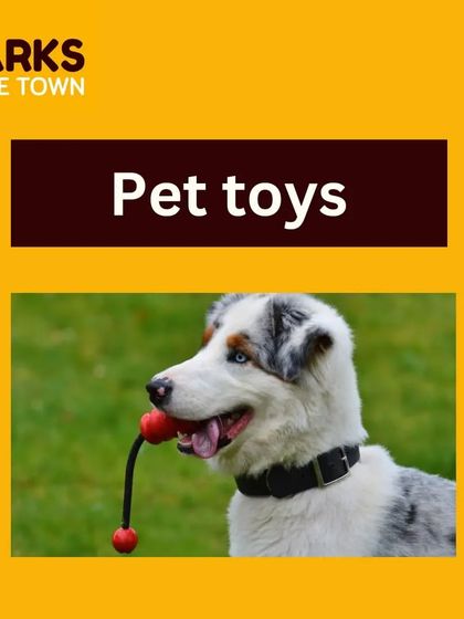 A simple, clear graphic highlighting "Pet toys" as one of my key offerings. The image shows an Australian Shepherd actively playing with a tug-and-fetch toy, demonstrating the engaging nature of our products.
