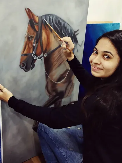 A work-in-progress shot of a commissioned horse portrait. I love capturing the strength and gentleness of animals, focusing on realistic details in the eyes and coat.