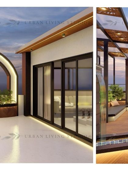 A split view showing two different areas of the Gurgaon terrace design: a tranquil seating area with a water feature and a modern arched backdrop.