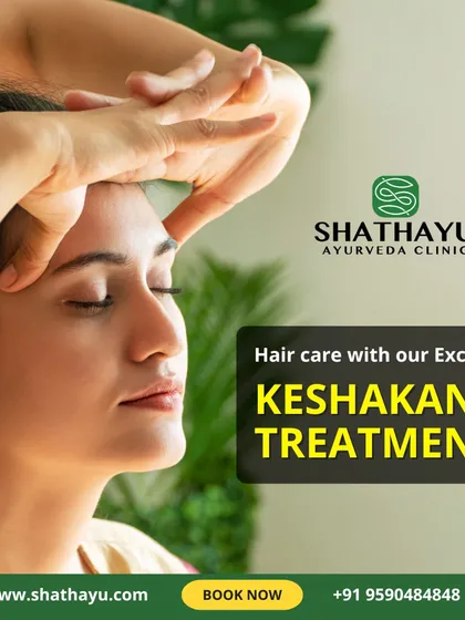 Experience our exclusive Keshakanti treatment for comprehensive hair care. This specialized therapy, shown here with a relaxing head massage, is designed to address multiple hair concerns and promote strong, healthy hair.