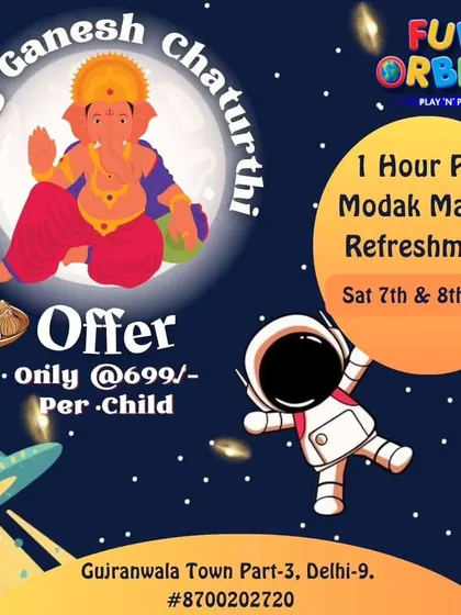 Our promotional graphic for the Ganesh Chaturthi offer, highlighting the special modak making activity alongside playtime and refreshments.