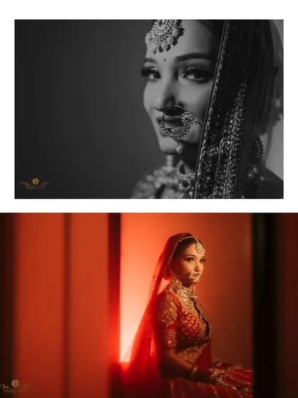 A creative diptych of the bride, Mehak. The top frame is a dramatic black and white close up, while the bottom uses red light to create a moody and artistic bridal portrait.