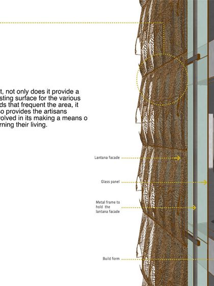 A detailed section drawing of the proposed Lantana facade. It shows how the woven skin attaches to the building, creating a ventilated cavity that provides thermal protection and a nesting surface for local bird species, linking the building back to its ecosystem.
