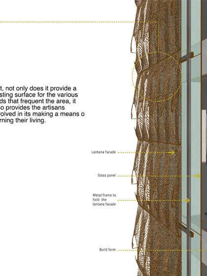 A detailed section of the proposed Lantana facade for the COE building. This innovative skin provides a nesting surface for birds while also creating livelihoods for the artisans involved in its construction.