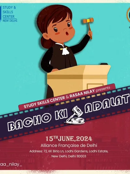The official poster for our production "Bacho Ki Adalat." We believe in giving our students a complete theatrical experience, which includes performing in professional venues like the Alliance Française de Delhi.