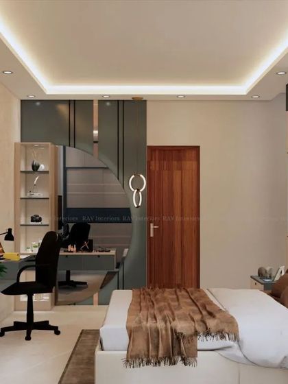 A bedroom render with a dark green accent wall, featuring a floral line-art design and a functional study area.