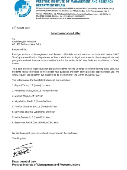 This is the official recommendation letter from the Department of Law at Prestige Institute of Management and Research, Indore. They requested internships for their students to gain practical legal experience under my guidance.