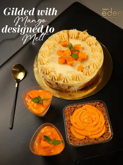 Gilded with mango, designed to melt. Our seasonal mango collection includes the signature cake, individual dessert cups, and a layered tub dessert.