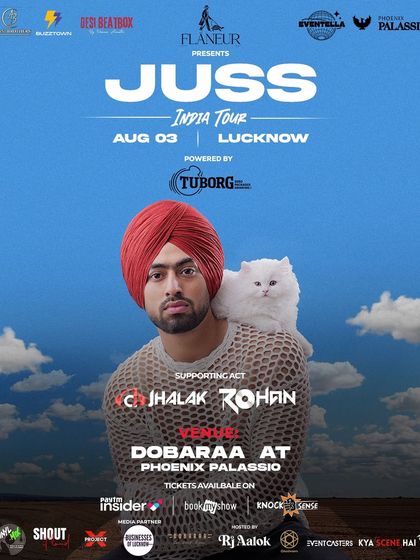 The event poster for Juss's India Tour in Lucknow. I ensure all promotional materials clearly list ticketing platforms like BookMyShow and Insider to make purchasing easy for fans.
