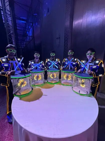 Our LED Drummers ready to perform for a Tata Motors event. The combination of glowing glasses, suits, and drums makes for a visually cohesive and striking look.