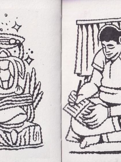 Two more ink drawings from my sketchbook. One is a surreal totem-like figure, and the other is a person engrossed in writing or drawing.