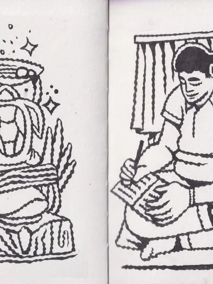 Two more ink drawings from my sketchbook. One is a surreal totem-like figure, and the other is a person engrossed in writing or drawing.