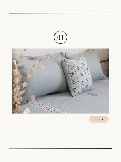 A beautiful bedding set in a calming shade of light blue, featured in our Mother's Day edit. The set includes a floral accent cushion, creating a look that is both fresh and timeless.