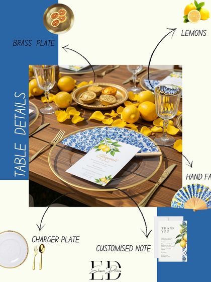 A detailed look at the table setting, highlighting the custom-designed stationery, hand fan, and brass plate, all tied together with the lemon and tile motif.