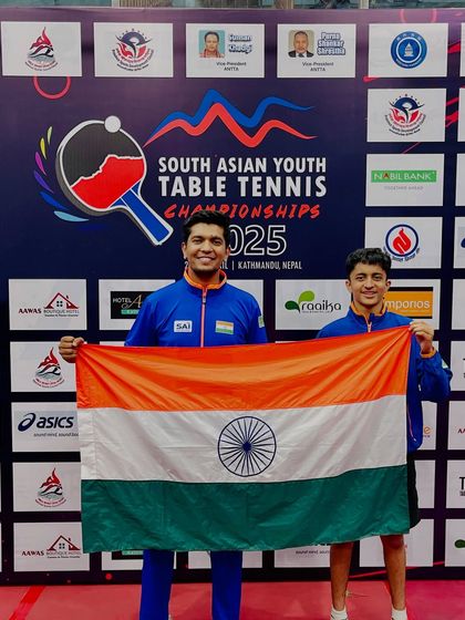 Our player Atharva holding the Indian flag after winning three golds and a bronze at the South Asian Championship in Kathmandu. We instill a deep sense of national pride in our athletes.