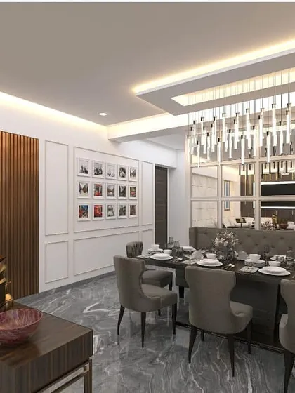 This 3D render shows a luxurious dining area design. The setup includes a large dining table with comfortable upholstered chairs, a statement chandelier, and a large mirror to make the space feel grander.
