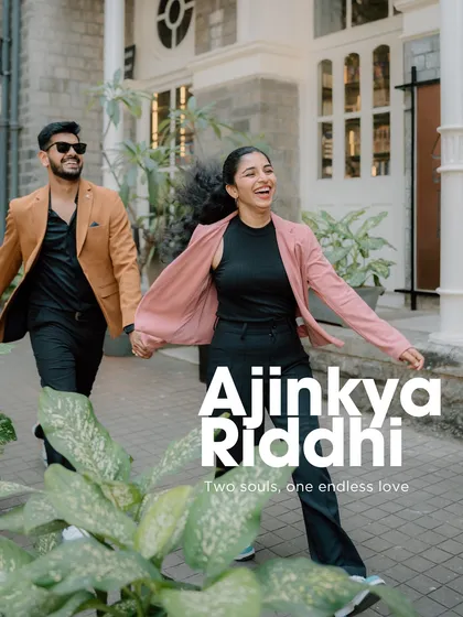 A dynamic photo of a stylish couple running and laughing on a city sidewalk, with a text overlay for their save the date. This image showcases a modern, urban pre-wedding shoot full of energy and personality.