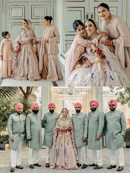 A collage of the bride with her family and the groom with his groomsmen, all dressed in coordinated outfits, showcasing the importance of family.