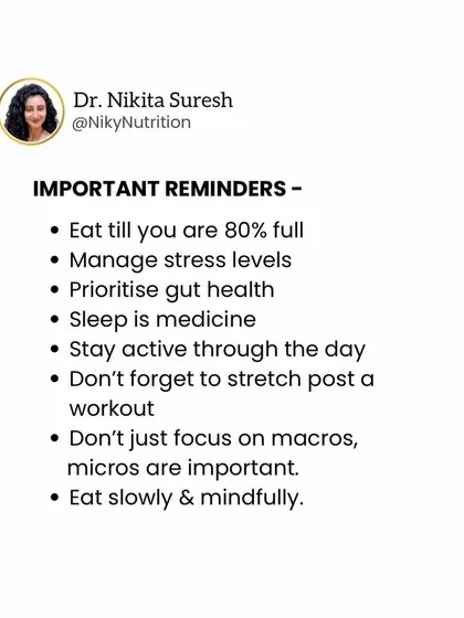 More important reminders for a healthy lifestyle. These tips focus on mindful eating, stress management, and the importance of both macro and micronutrients for overall well-being.