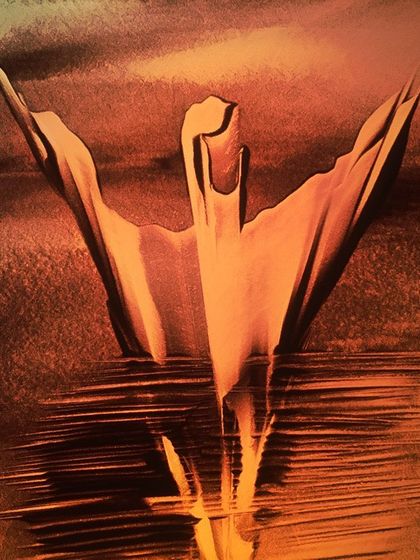 The original 'Spread' sand-digital painting. The raw energy of the figure breaking free is captured with sharp lines and a fiery color palette.