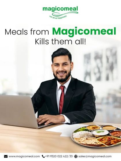 My meals are designed to help you power through your workday. This image of a professional enjoying a delicious thali at their desk shows how I help turn work woes into wins.