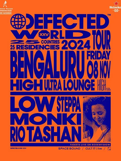 We partner with global brands like Defected Records for their world tours. This poster announces the Bangalore leg of the Defected World Tour 2024, an event we co-promoted.