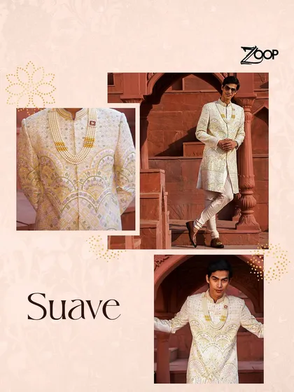 A collage showcasing a suave, off-white embroidered sherwani from my Jazbaat Collection. The detailed embroidery and regal silhouette make it a sophisticated choice for any groom.
