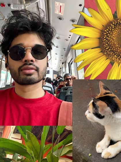 Torn pages from my art journal, a collage of a day spent art hopping in Bandra, complete with a street cat and a sunflower.