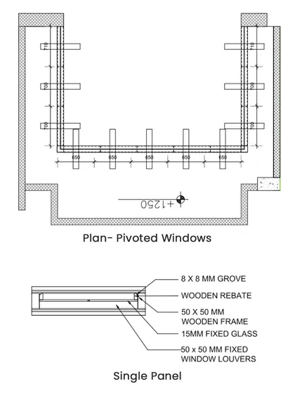 Technical drawings for the pivoted wooden windows at the Lakewood Residence. These plans show the frame, fixed glass, and louver details, ensuring precise fabrication and installation.