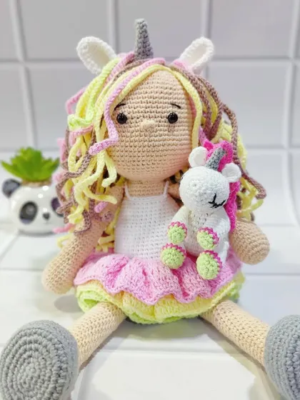 Meet my magical unicorn doll, complete with her own tiny unicorn friend. I designed this piece to be a cherished companion, crafted with soft, premium yarn and detailed with care to spark imagination and endless cuddles.