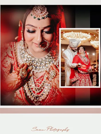 A romantic album page design, with a close-up of the bride and an inset photo of the couple.