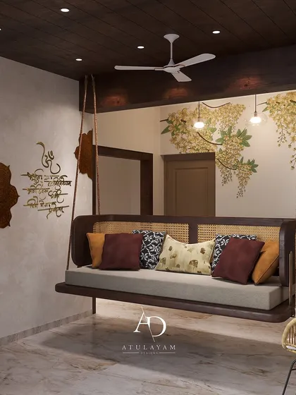 Another angle of the swing area, highlighting the rustic wall texture and the comfortable, inviting setup with patterned cushions.