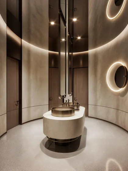 A visualization of a hotel's common washroom, featuring curved walls, a central island vanity, and minimalist ring lights for a futuristic and elegant feel.