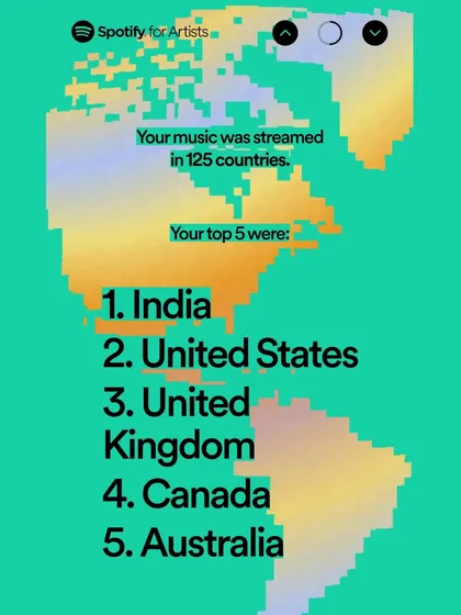 Music connects us globally. This map from my Spotify for Artists shows my music has been streamed in 125 countries, a milestone I'm incredibly proud of and grateful for.