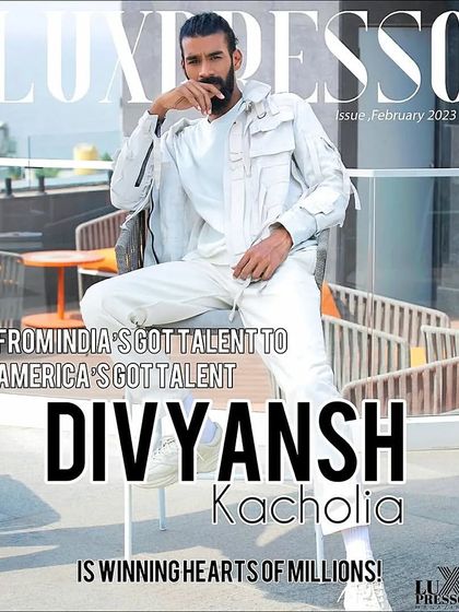 The cover for Luxpresso Magazine featuring beatboxer Divyansh Kacholia. This shoot took place on a modern rooftop, using an all-white theme to create a clean, fresh, and impactful artist portrait.