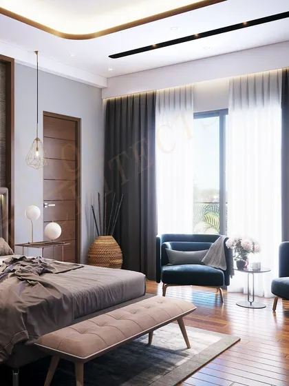 Modern tranquility defines this bedroom, which blends desired color tones with stylish textures for a serene escape.