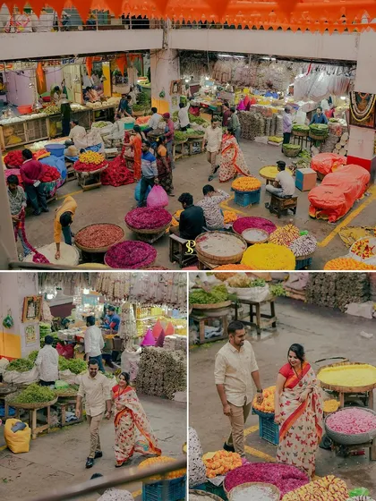 A collage capturing the vibrant atmosphere of the KR Flower Market. I use wide shots to establish the scene and closer shots to focus on the couple's interactions within the lively setting.