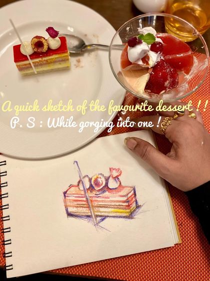 A quick colored pencil sketch of a favorite dessert, done while enjoying it. Sometimes a simple sketch is the best way to savor a moment.