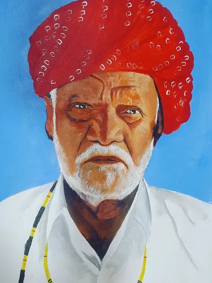 An acrylic painting of a Rajasthani man in a traditional red turban. I used acrylics to create the strong colors and capture the intensity of his expression.